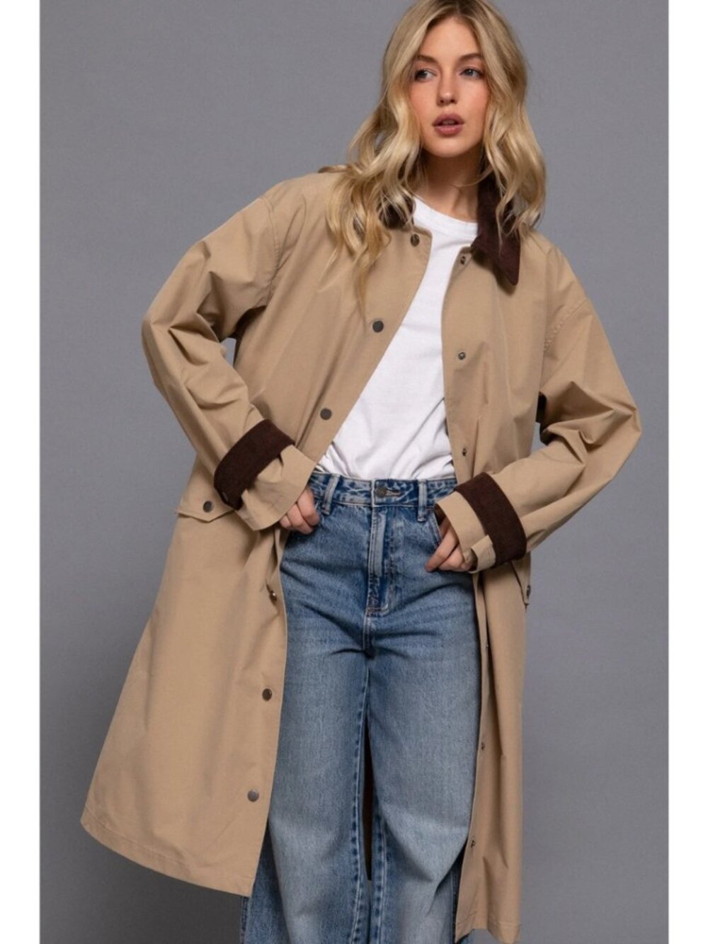 Contrast Collar Long Trench Coat - Picture 4 of 4